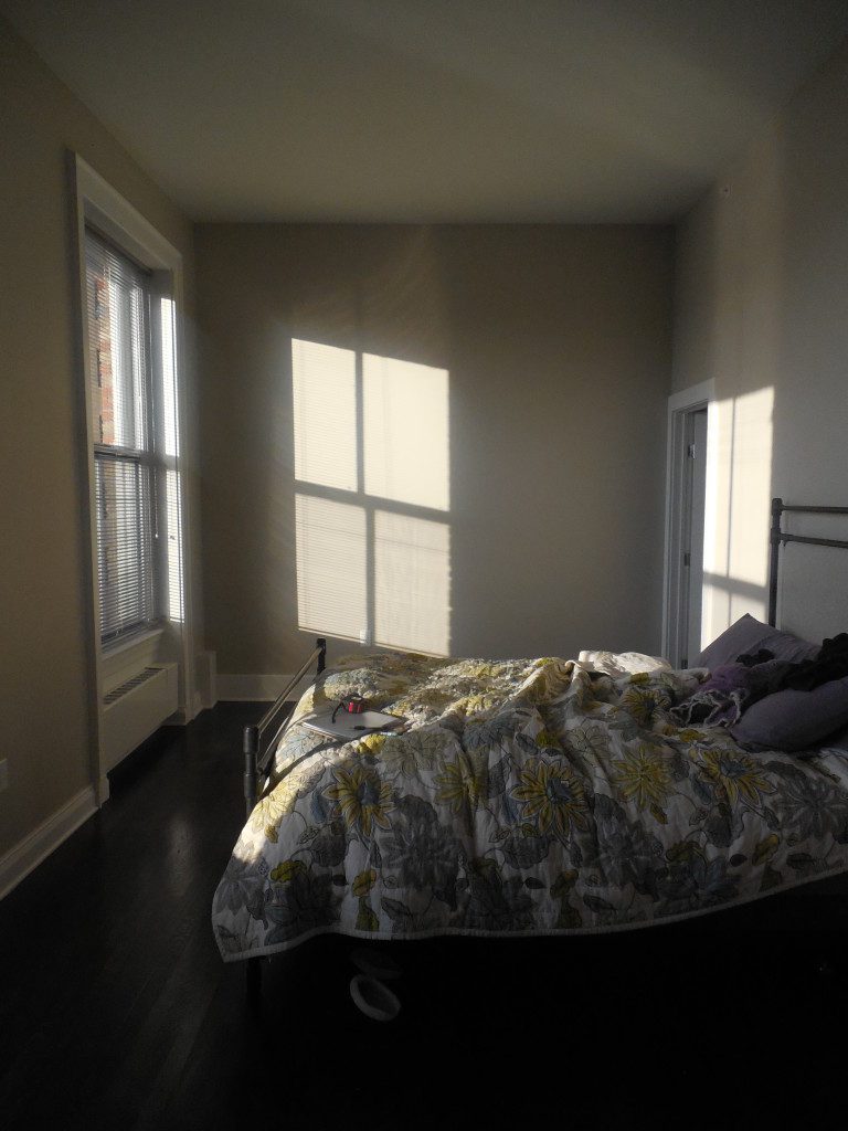 A bedroom with a bed and two windows.