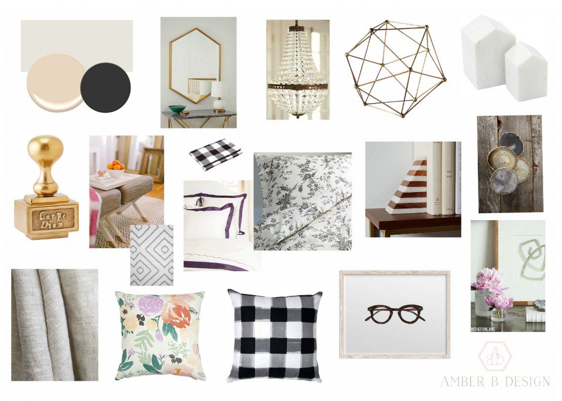 A collage of black and white decor items.