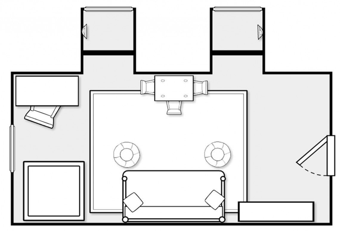 A drawing of a living room with furniture.