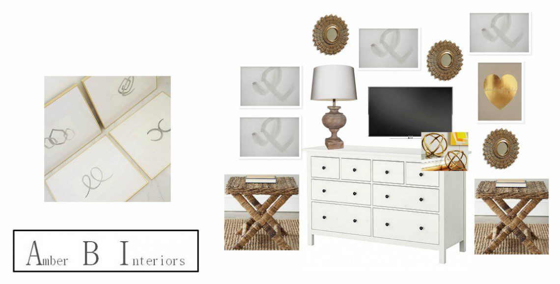 A white dresser with a mirror and a lamp