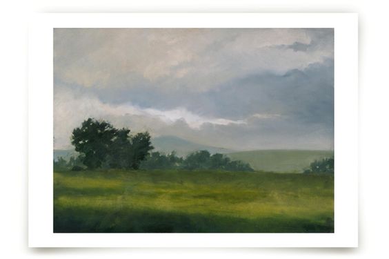 A painting of a field with trees and clouds in the background.