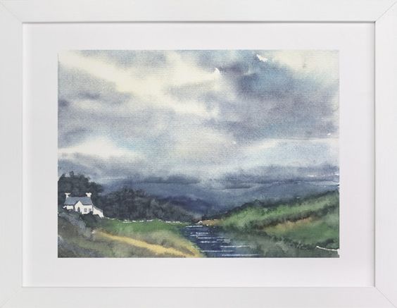A painting of a small stream and some clouds