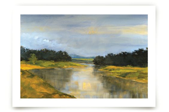 A painting of a river with trees in the background