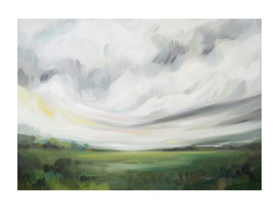 A painting of a green field with clouds in the sky.