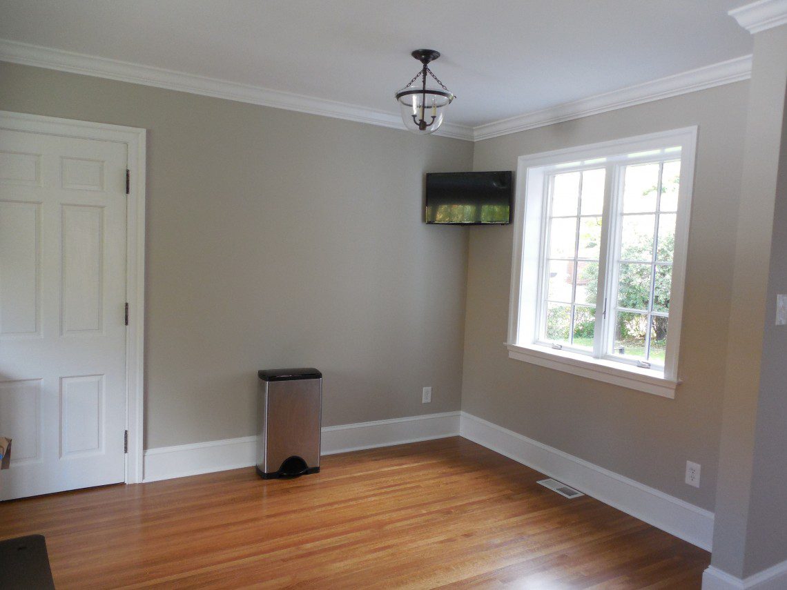 A room with a tv and a trash can