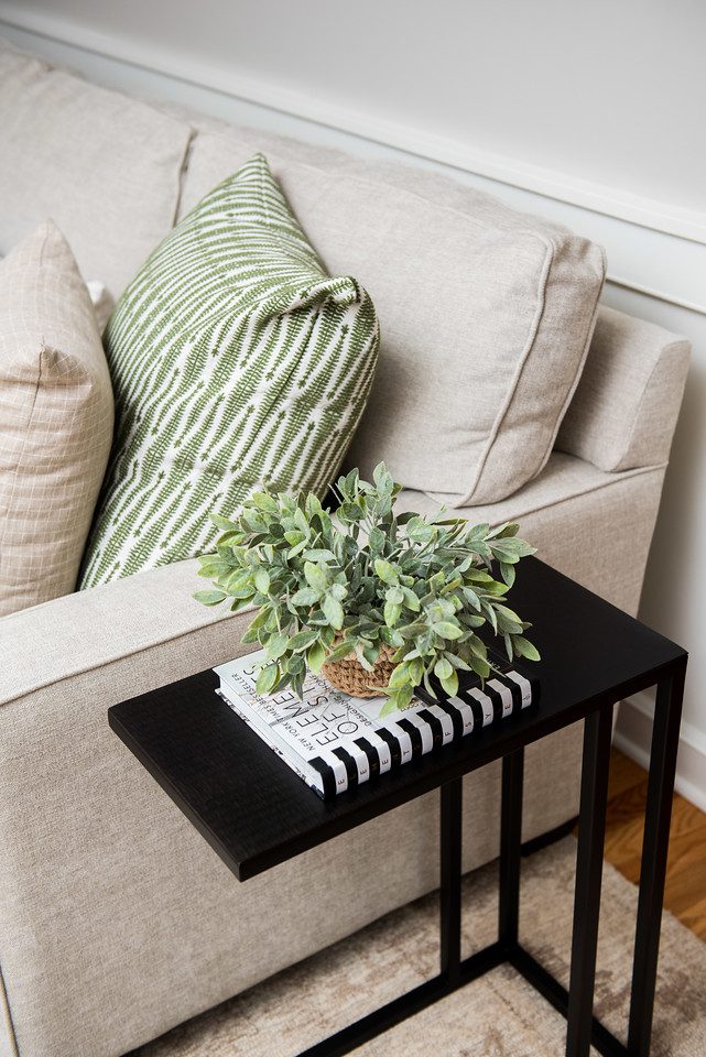 A plant on top of a book next to a couch.